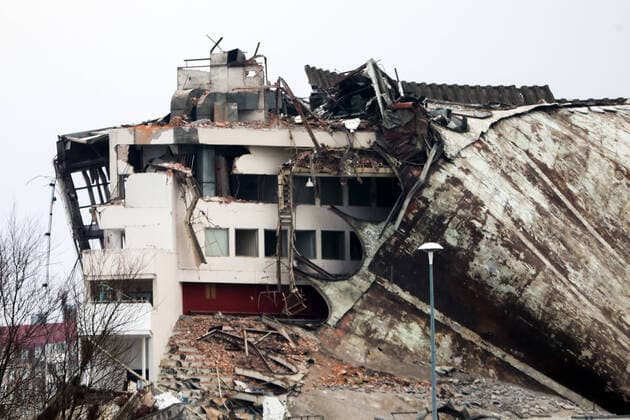 ST PETERSBURG, RUSSIA - FEBRUARY 1, 2020: A view of the Saint Petersburg Sports and Concert Complex that partially collapsed during demolition. According to preliminary estimates, the collapse area amounts to 28,000 square meters which comprises about 80% of walls and roof structures. A worker died in the collapse. Roman Pimenov TASS  TS0CC8E3
