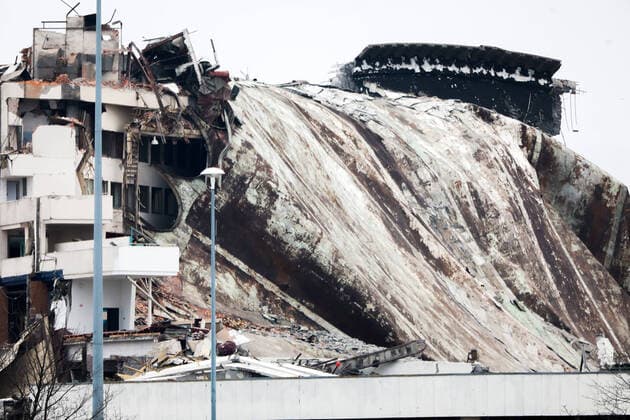 ST PETERSBURG, RUSSIA - FEBRUARY 1, 2020: The ruins of the Saint Petersburg Sports and Concert Complex that partially collapsed during demolition. According to preliminary estimates, the collapse area amounts to 28,000 square meters which comprises about 80% of walls and roof structures. A worker died in the collapse. Roman Pimenov TASS  TS0CC8E4
