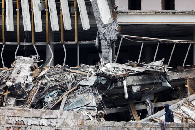 ST PETERSBURG, RUSSIA - FEBRUARY 1, 2020: The ruins of the Saint Petersburg Sports and Concert Complex that partially collapsed during demolition. According to preliminary estimates, the collapse area amounts to 28,000 square meters which comprises about 80% of walls and roof structures. A worker died in the collapse. Roman Pimenov TASS  TS0CC8EB