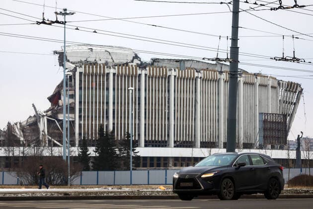 ST PETERSBURG, RUSSIA - FEBRUARY 1, 2020: The ruins of the Saint Petersburg Sports and Concert Complex that partially collapsed during demolition. According to preliminary estimates, the collapse area amounts to 28,000 square meters which comprises about 80% of walls and roof structures. A worker died in the collapse. Roman Pimenov TASS  TS0CC8EE