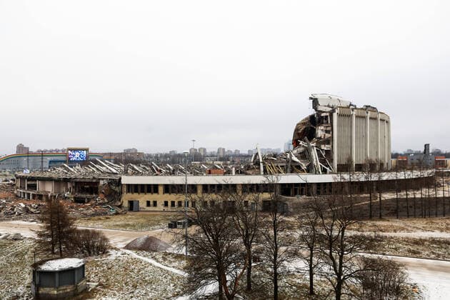 ST PETERSBURG, RUSSIA - FEBRUARY 1, 2020: The ruins of the Saint Petersburg Sports and Concert Complex that partially collapsed during demolition. According to preliminary estimates, the collapse area amounts to 28,000 square meters which comprises about 80% of walls and roof structures. A worker died in the collapse. Roman Pimenov TASS  TS0CC8F1