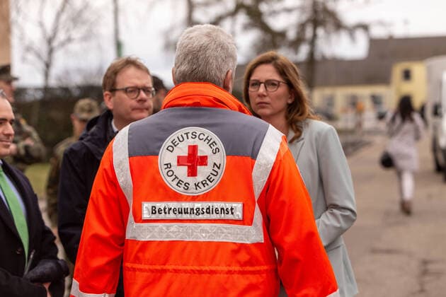 February 1, 2020, Germersheim, Rheinland-Pfalz, Germany: Dr. Thomas Gebhart (State Secretary to the Federal Minister of Health) Sabine BÅ tzing-LichtenthÅ ler (State Minister of Social Affairs for Rhineland-Palatinate) with Oliver Talke (Red Cross) at the First German citizen infected with the Coronavirus press conference, SÅ¸dpfalz Barracks, Germersheim, Germany, 1 Feb 2020. Germersheim Germany  - ZUMAr152 20200201_zaa_r152_011 Copyright: xPaulxNeedhamx xRmvx