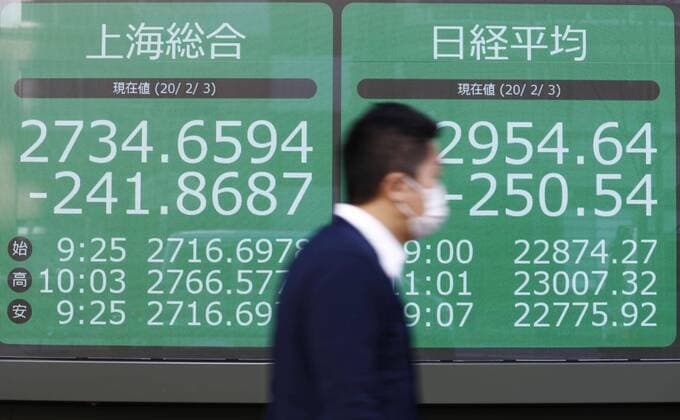 Stocks plunge on new coronavirus A stock monitor in Tokyo shows on Feb. 3, 2020, key indicators in Japan (R) and Shanghai tumbling amid concern over a new coronavirus. 