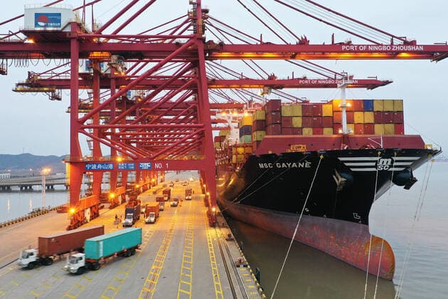 ZHOUSHAN, CHINA - FEBRUARY 04: Containers sit stacked on a cargo ship berthed at Zhoushan Port on February 4, 2020 in Zhoushan, Zhejiang Province of China.  Copyright: xVCGx CFP111268775139
