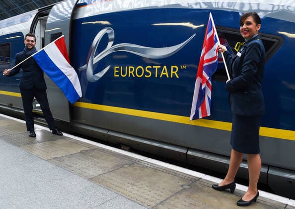 . 04 02 2020. London, United Kingdom. Eurostar media preview. Eurostar train crew with UK and France flags, seen at London St Pancras International railway station, during the Eurostar media preview of first direct trains from Amsterdam to London at London St Pancras International railway station.  xGustavoxValientex xi-Imagesx IIM-20720-0046