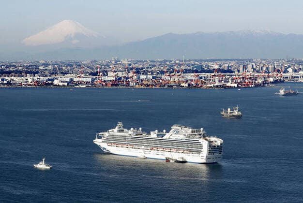 New coronavirus Photo taken from a Kyodo News helicopter on Feb. 5, 2020, shows luxury cruise ship Diamond Princess which has been kept at anchor off Daikoku Pier in Yokohama near Tokyo since Feb. 3 after an elderly passenger from Hong Kong was found to be infected with the pneumonia-causing virus. After testing passengers, it was found 10 out of the some 3,700 people aboard the ship have been infected with the virus. 