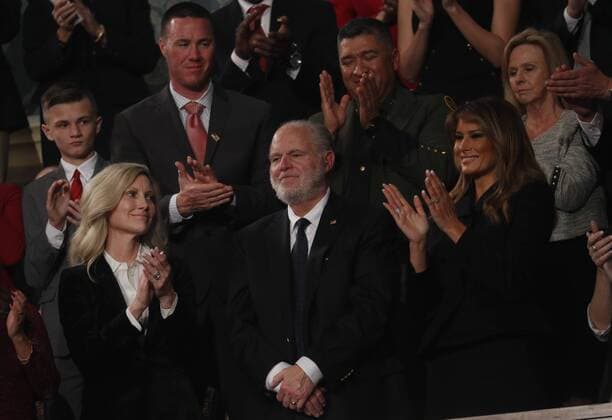 February 4, 2020, Washington, District of Columbia, USA: Radio personality Rush Limbaugh is honored by U.S. President Donald Trump with a Presidential Medal of Freedom as he stands with first lady Melania Trump during the State of the Union address to a joint session of the U.S. Congress in the House Chamber of the U.S. Capitol in Washington, U.S. February 4, 2020. .Credit: Pool via CNP Washington USA - ZUMAs152 20200204_zaa_s152_116 Copyright: xLeahxMillisx