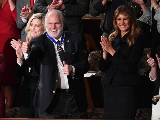 Conservative broadcaster Rush Limbaugh gives as thumbs up after being awarded the Presidential Medal of Freedom by First Lady Melania Trump during President Trump s State of the Union address to a joint session of Congress in the House Chamber of the U.S. Capitol in Washington, DC on Tuesday, February 4, 2020.  WAP20200204805 KEVINxDIETSCH