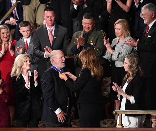 Conservative broadcaster Rush Limbaugh is awarded the Presidential Medal of Freedom by First Lady Melania Trump during President Trump s State of the Union address to a joint session of Congress in the House Chamber of the U.S. Capitol in Washington, DC on Tuesday, February 4, 2020.  WAP20200204808 KEVINxDIETSCH