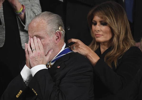 First Lady Melania Trump presents the Presidential Medal of Freedom to conservative commentator Rush Limbaugh as President Donald Trump delivers his State of the Union address to a joint session of Congress in the House Chamber of the U.S. Capitol in Washington, DC on Tuesday, February 4, 2020.  WAP20200204164 PATxBENIC