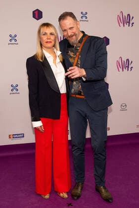 Musician Jeroen Swinnen and his partner pictured during the 13th edition of the MIA s (Music Industry Award) award show, in Brussels, Thursday 06 February 2020. The MIA awards are handed out by the VRT and Poppunt.  JAMESxARTHURxGEKIERE 2469897