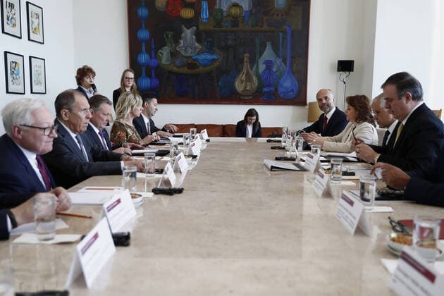 MEXICO CITY, MEXICO - FEBRUARY 6, 2020: Russia s Foreign Minister Sergei Lavrov (2nd L), his deputy Sergei Ryabkov (L), Foreign Ministry Spokesperson Maria Zakharova (4th L), Mexico s Foreign Secretary Marcelo Ebrard (L-R middle), Mexico s Foreign Secretary Marcelo Ebrard (R) and his deputy Julian Ventura Valero (2nd R) hold Mexican-Russian talks. Russian Foreign Ministry TASS  TS0CD613