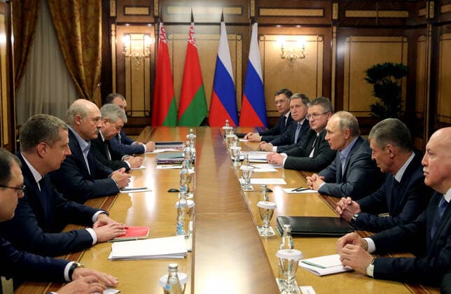 SOCHI, RUSSIA - FEBRUARY 7, 2020: Belarus President Alexander Lukashenko (3rd L) and Russia s President Vladimir Putin (3rd R) talk during a meeting at the Laura reception house in Krasnaya Polyana. Mikhail Klimentyev Russian Presidential Press and Information Office TASS  TS0CD7A5