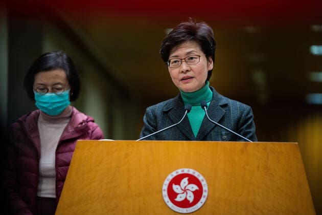 February 8, 2020, Hong Kong, China: Carrie Lam, Hong Kong s chief executive speaks to the media during the press conference..The chief executive of Hong Kong announced that traveling traveling from mainland China in to Hong Kong will subject to a 14 days mandatory quarantine measure which the travelers will have to stay at home or hotel to be quarantined in order lower the risk of the Coronavirus being spread across the border from mainland China. Hong Kong China - ZUMAs197 20200208_zaa_s197_014 Copyright: xGeovienxSox