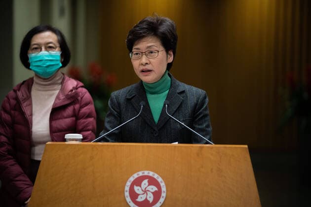 February 8, 2020, Hong Kong, China: Carrie Lam, Hong Kong s chief executive speaks to the media during the press conference..The chief executive of Hong Kong announced that traveling traveling from mainland China in to Hong Kong will subject to a 14 days mandatory quarantine measure which the travelers will have to stay at home or hotel to be quarantined in order lower the risk of the Coronavirus being spread across the border from mainland China. Hong Kong China - ZUMAs197 20200208_zaa_s197_016 Copyright: xGeovienxSox