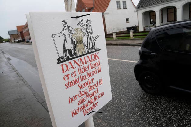 Genforening 2020 - Dansk Tyske graense - Afstemningsfest i Vester Sottrup ved Soenderborg soendag den 9 februar 2020. I byen haenger valgplakater op fra dengang.. , Vester Sottrup Denmark Copyright: ClausxFisker ClausxFiskerx COP101 spdk20200209-172902-L
