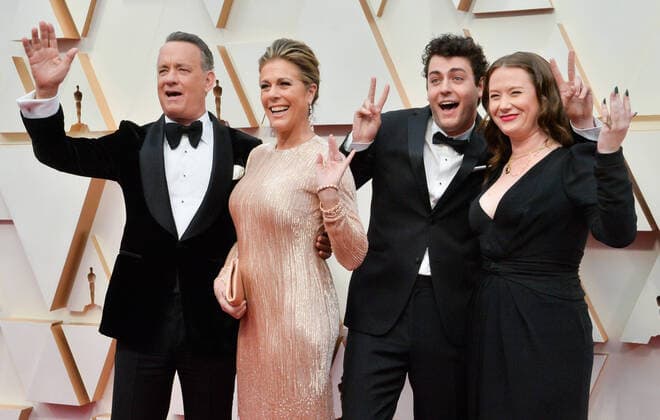(L-R) Tom Hanks, Rita Wilson, Truman Theodore Hanks and Elizabeth Hanks arrive for the 92nd annual Academy Awards at the Dolby Theatre in the Hollywood section of Los Angeles on Sunday, February 9, 2020.  LAP20200209539 JIMxRUYMEN