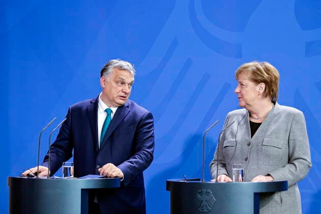 10.02.2020, Berlin, Deutschland - Pressestatements von Bundeskanzlerin Angela Merkel und des Ministerpraesidenten der Republik Ungarn, Viktor Orban, vor dem gemeinsamen Gespraech im Bundeskanzleramt. Foto: Bundeskanzlerin Angela Merkel, CDU und Viktor Orban, Ministerpraesident von Ungarn.