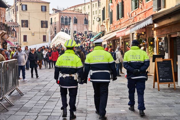 Italy: Venice Carnival 2020 inauguration day Italy: Venice Carnival 2020. Local police checking the security of the celebrations of the Carnival. Venice Venice Italy Copyright: GentianxPolovina