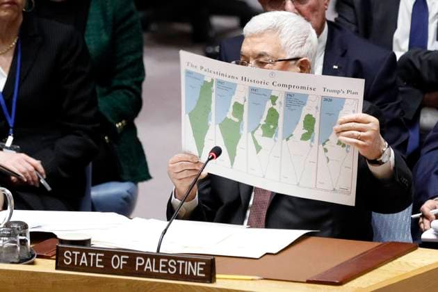 (200211) -- UNITED NATIONS, Feb. 11, 2020 -- Palestinian President Mahmoud Abbas (Front) holds a map as he addresses a UN Security Council meeting on the situation in the Middle East, including the Palestinian question, at the UN headquarters in New York, on Feb. 11, 2020. Palestinian President Mahmoud Abbas on Tuesday reiterated the rejection of a newly released U.S. Middle East peace plan, calling it an Israeli-American proposal. ) UN-SECURITY COUNCIL-MIDDLE EAST LixMuzi 