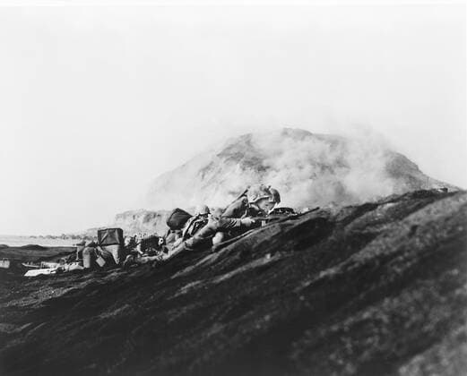 January 22, 2020, Iwo Jima, Japan: The Second Battalion, Twenty-Seventh Marines on top of Hill during Battle, Iwo Jima, photograph by Bob Campbell, U.S. Department of Defense, U.S. Marine Corps, February 1945 Iwo Jima Japan - ZUMAg145 20200122_zza_g145_008 Copyright: xJTxVintagex