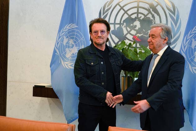 February 11, 2020, New York, New York: UN Secretary General Antonio Guterres, greets Bono of the band U2 .Bono visited the United Nations for the launch of The Drive for Five: A Call to Action for the Education of Adolescent Girls New York - ZUMAs142 20200211_zap_s142_003 Copyright: xNancyxSieselx