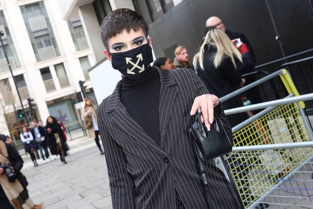Face masks appear at London Fashion Week AW20 as coronavirus (COVID-19) fears hit numbers. Attendance is expected to be down, as the five-day event kicked off days after the virus was confirmed to have hit London. FEBRUARY 14th 2020  MDRx20456