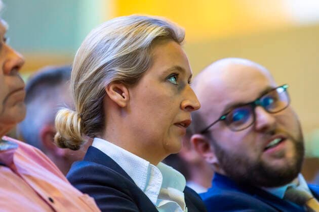DEU, Deutschland, Baden-Württemberg, Böblingen, 15.02.2020: Neue Führung bei der AfD Baden-Württemberg. Alice Weidel führt die AfD Baden-Württemberg künftig allein. In einer Kampfabstimmung setzte sie sich gegen ihren Vorgänger Dirk Spaniel durch. Weidel erhielt auf dem Sonderparteitag in Böblingen bei Stuttgart 54 Prozent der abgegebenen Stimmen. Spaniel war als Kandidat der völkisch-nationalen Gruppierung Der Flügel angetreten. Rechts Markus Frohnmaier (mdB). *** DEU, Germany, Baden Württemberg, Böblingen, 15 02 2020 New leadership for the AfD Baden Württemberg Alice Weidel to lead the AfD Baden Württemberg on her own In a crucial vote, she won against her predecessor Dirk Spaniel Weidel received 54 percent of the votes cast at the special party conference in Böblingen near Stuttgart Spaniel was a candidate for the natio