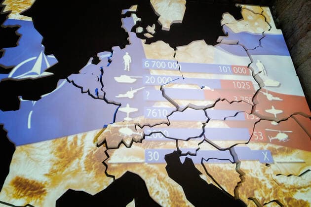 BELGRADE, SERBIA - FEBRUARY 17, 2020: A map of NATO member states in Europe on display during an exhibition titled Defence 78 about the NATO bombing of Yugoslavia in 1999. The exhibition includes documentary material, multimedia displays, and videos of the bombing and military action in Kosovo. The exhibition was attended by the Russian defence minister. Alexei Yereshko Ministry of Defence of the Russian Federation TASS  TS0CEA5E