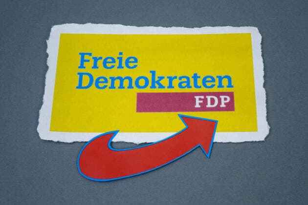 AfD und FDP AfD und FDP, 17.02.2020, Borkwalde, Brandenburg, Unter einem Logo der FDP liegt ein Pfeil der AfD.