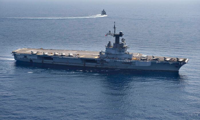 Det franske hangarskib Charles de Gaulle i Middelhavet , fredag 5. april 2019. Niels Juel er en del af Task Force 473 er en hangarskibsgruppe med overfladeenheder, u-baade og fly og det franske hangarskib Charles de Gaulle. , Larnaca Cypern Copyright: HenningxBagger HenningxBaggerx COP109 spdk20200220-133849-A