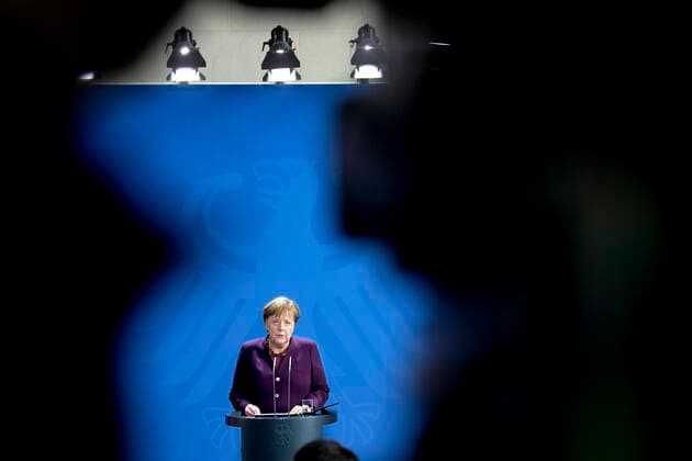 Angela Merkel - Statement Hanau Shooting DEU, Deutschland, Germany, Berlin, 20.02.2020 Bundeskanzlerin Angela Merkel gibt ein Statement zu den Morden in Hanau im Bundeskanzleramt in Berlin. German Chancellor Angela Merkel, during a statement to the media at the Chancellery Office following yesterday shooting in Hanau on February 20, 2020 in Berlin, Germany. Suspected shooter Tobias R. shot dead nine people in two hookah bars. Police suspect a xenophobic motive