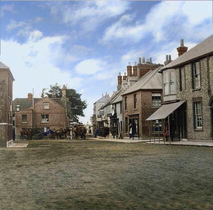 Magic lantern slide circa 1880, Victorian Edwardian Social History. Market Square and Coaching Inn with horses and coaches outside; Yarmouth, Isle of Wight, England DesignxPicsx xJohnxShort 902_05_12554631highres