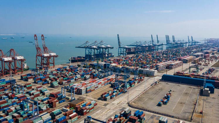 GUANGZHOU, CHINA - FEBRUARY 23: Aerial view of containers at the Port of Nansha on February 23, 2020 in Guangzhou, Guangdong Province of China.  Copyright: xVCGx CFP111272085984