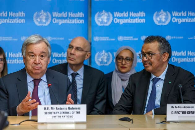 (200225) -- GENEVA, Feb. 25, 2020 -- United Nations (UN) Secretary-General Antonio Guterres (L) speaks on the situation regarding the COVID-19 at the World Health Organization (WHO) headquarters in Geneva, Switzerland, Feb. 24, 2020. Guterres on Monday praised China s contribution to the global fight against COVID-19, noting that the Chinese are making efforts for humanity. ( KEYSTONE Pool via Xinhua) SWITZERLAND-GENEVA-UN-GUTERRES-COVID-19-CHINA S CONTRIBUTION SalvatorexDixNolfi 
