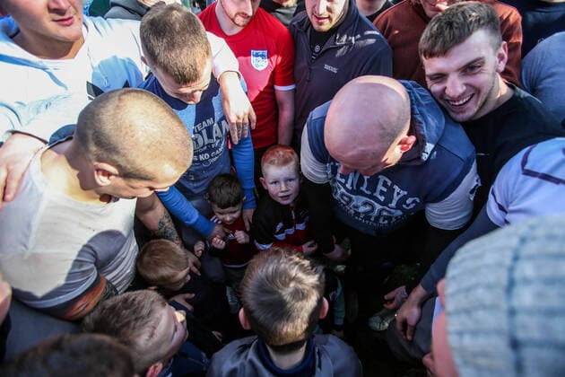 . 25 02 2020. Sedgefield, United Kingdom. The traditional Shrove Tuesday Ball Game in Sedgefield. Where a small, leather ball is chased around the village for hours.  xTomxBanksx xi-Imagesx IIM-20824-0004