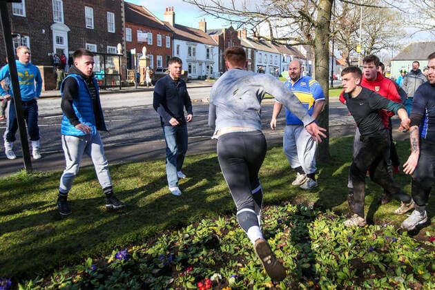 . 25 02 2020. Sedgefield, United Kingdom. The traditional Shrove Tuesday Ball Game in Sedgefield. Where a small, leather ball is chased around the village for hours.  xTomxBanksx xi-Imagesx IIM-20824-0010