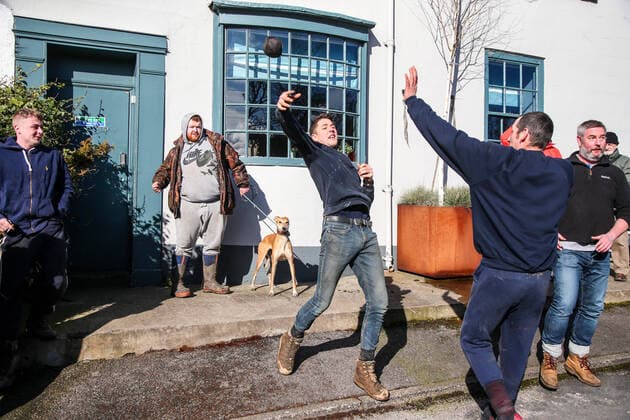 . 25 02 2020. Sedgefield, United Kingdom. The traditional Shrove Tuesday Ball Game in Sedgefield. Where a small, leather ball is chased around the village for hours.  xTomxBanksx xi-Imagesx IIM-20824-0012