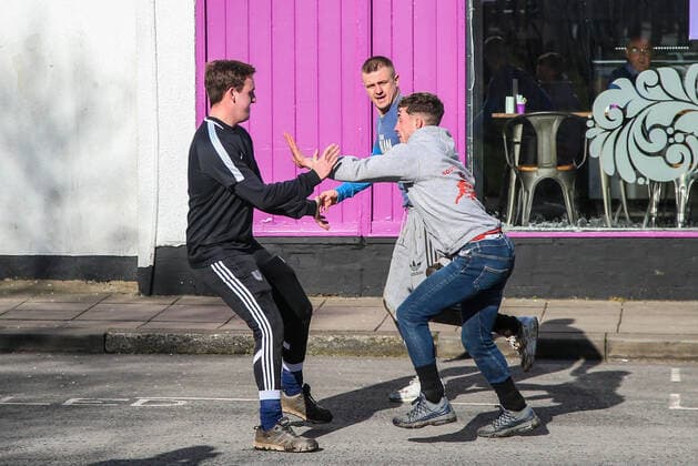 . 25 02 2020. Sedgefield, United Kingdom. The traditional Shrove Tuesday Ball Game in Sedgefield. Where a small, leather ball is chased around the village for hours.  xTomxBanksx xi-Imagesx IIM-20824-0014