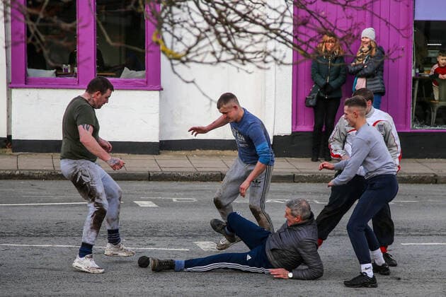 . 25 02 2020. Sedgefield, United Kingdom. The traditional Shrove Tuesday Ball Game in Sedgefield. Where a small, leather ball is chased around the village for hours.  xTomxBanksx xi-Imagesx IIM-20824-0034