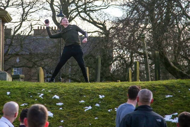 . 25 02 2020. Sedgefield, United Kingdom. The traditional Shrove Tuesday Ball Game in Sedgefield. Where a small, leather ball is chased around the village for hours.  xTomxBanksx xi-Imagesx IIM-20824-0038