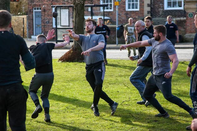 . 25 02 2020. Sedgefield, United Kingdom. The traditional Shrove Tuesday Ball Game in Sedgefield. Where a small, leather ball is chased around the village for hours.  xTomxBanksx xi-Imagesx IIM-20824-0041