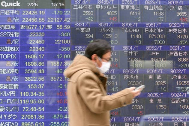 A man wearing a face mask walks past an electronic stock board showing Japan s Nikkei Stock Average in Tokyo, Japan on February 26, 2020. The Nikkei Stock Average closed 0.79 percent lower at 22,426.19, for the fears of the global economic impact on the coronavirus outbreak.  (123161310)