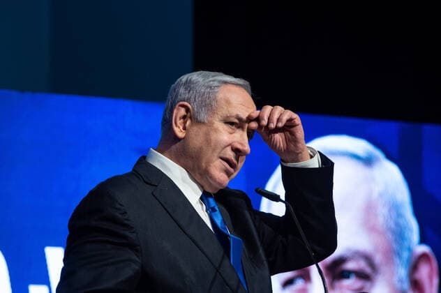 (200226) -- MIGDAL HAEMEK, Feb. 26, 2020 (Xinhua) -- Israeli Prime Minister Benjamin Netanyahu takes part in a Likud Party election rally in northern Israeli city of Migdal Haemek on Feb. 25, 2020. As Israel is heading to an unprecedented third election within a year on March 2, polls indicate that a fourth election in a few months seems increasingly realistic. The two main opponents are Prime Minister Benjamin Netanyahu, leader of the right-wing Likud party, and Benny Gantz, leader of the centrist Blue and White party. (Gil Eliyahu JINI Handout via Xinhua) MIDEAST-MIGDAL HAEMEK-NETANYAHU-ELECTION RALLY 
