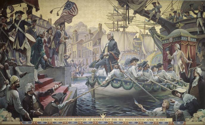 George Washington Arrives in Manhattan for Inauguration by Karoly and Szanto, 1789 Photo by: Superstock Everett Collection(900-100320) (editorial use only) Superstock Everett Collection(900-100320) (editorial use only) PUBLICATIONXNOTxINxCANxCHNxFRAxITAxJPNxNORxPOLxRUSxESPxUKxUSA Copyright: xCourtesyxEverettxCollectionx HCDLCGE EC119