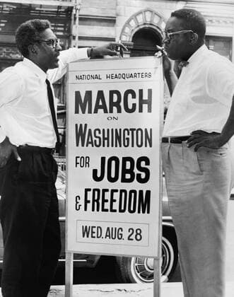For Bayard Rustin (1912-1987), here with colleague Cleveland Robinson, the role as chief organizer of the March on Washington of August 13, 1963, was the culmination of over 20 years civil rights struggle. He was a mentor to the younger, Martin Luther Kin Courtesy Everett Collection PUBLICATIONXNOTxINxCANxCHNxFRAxITAxJPNxNORxPOLxRUSxESPxUKxUSA Copyright: xCourtesyxEverettxCollectionx HISL009 EC278
