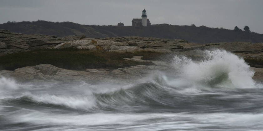Pond Island Lighthouse in front of stormy ocean, Maine, New England, United States of America, North America Copyright: RaulxTouzon 1318-121