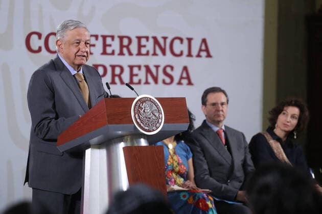 February 27, 2020: EUM20200227NAC05.JPG.CIUDAD DE MEXICO, PresidencyPresidenciaAMLO.- Este jueves 27 de febrero de 2020, en conferencia mananera del presidente Andres Manuel Lopez Obrador, con la presencia de la directora general de la UNESCO, Audrey Azoulay. Foto: Agencia EL UNIVERSAL German EspinosaRDB.  - ZUMAu78_ 20200227_zaf_u78_001 Copyright: xElxUniversalx