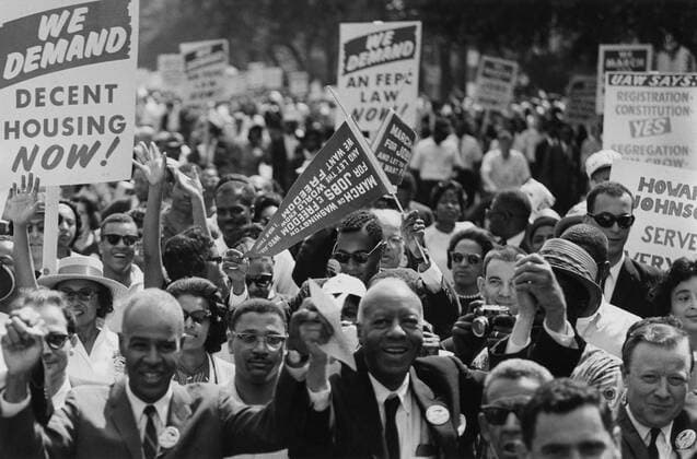 1963 March on Washington. Close-up of Civil Rights leaders at the front of the march: Roy Wilkins, A. Philip Randolph, and Walter Reuther. August 28, 1963. Courtesy Everett Collection PUBLICATIONXNOTxINxCANxCHNxFRAxITAxJPNxNORxPOLxRUSxESPxUKxUSA Copyright: xCourtesyxEverettxCollectionx HISL033 EC490