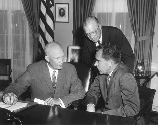 President Eisenhower meeting with Richard Nixon and Milton Eisenhower on their return from the USSR. On this trip Nixon and Premier Khrushchev engaged in their Kitchen Debate . Aug. 5, 1959. - (BSLOC_2014_16_130) For usage credit please use; PUBLICATIONXNOTxINxCANxCHNxFRAxITAxJPNxNORxPOLxRUSxESPxUKxUSA Copyright: xCourtesyxEverettxCollectionx HISL038 EC938